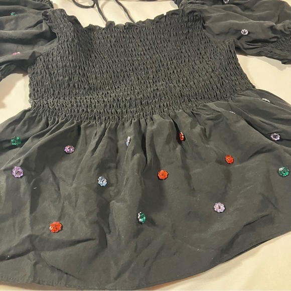 Hill House Jammie Jewel Crystal Stone Embellished Smocked Puff Sleeve Black Top - Picture 3 of 9